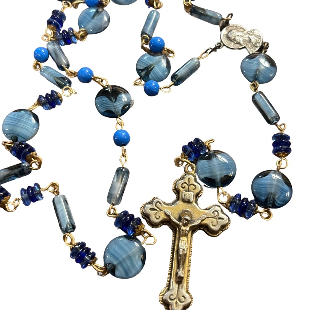 Vintage blue Italian Murano glass Catholic rosary necklace Cross crucifix
